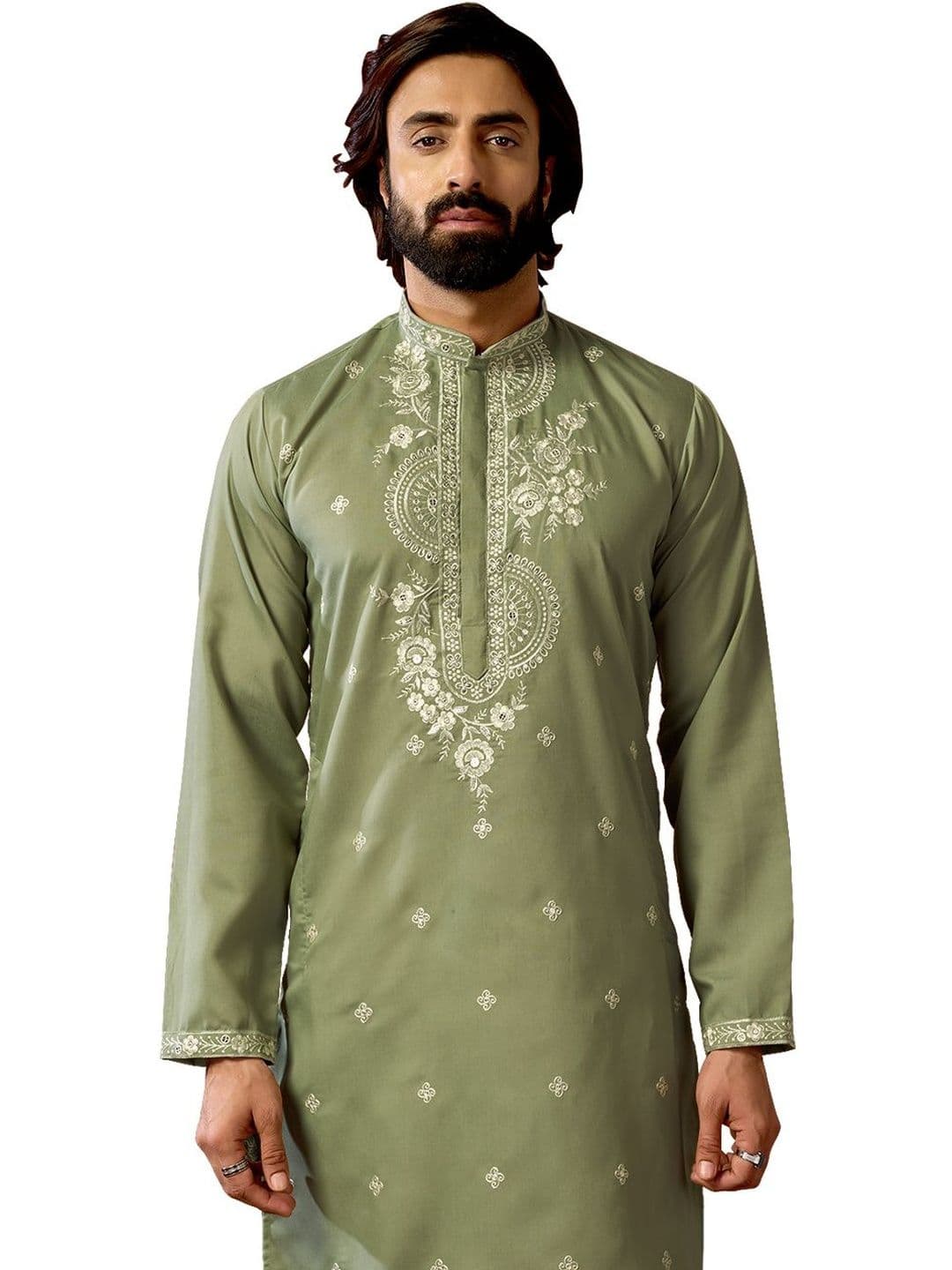House of Pataudi Embroidered Cotton Mandarin Collar Knee Length Straight Kurta thumbnail 5