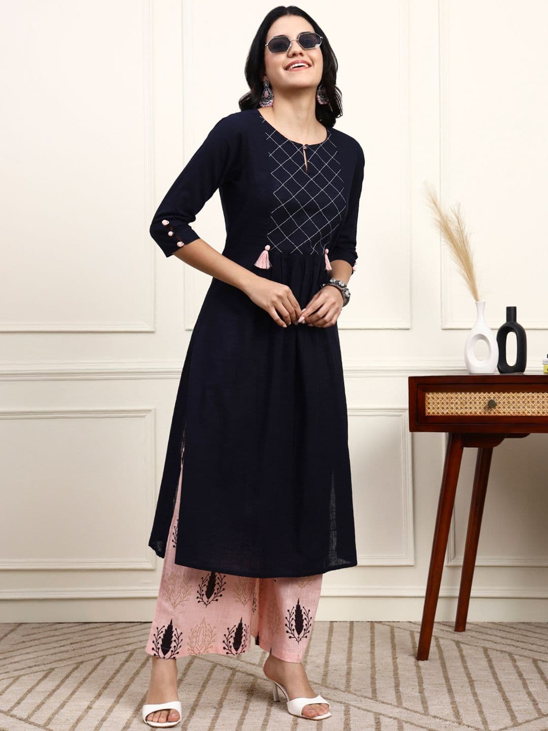 Idalia Women Navy Blue & Pink Yoke Design Kurta with Palazzos thumbnail 7