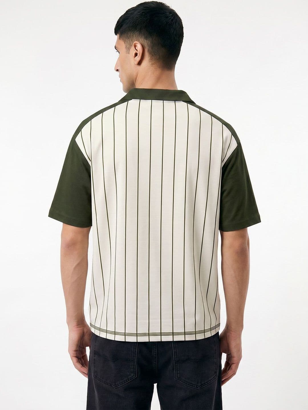 Crazymonk Men Striped Polo Collar Extended Sleeves Monochrome Applique T-shirt thumbnail 3