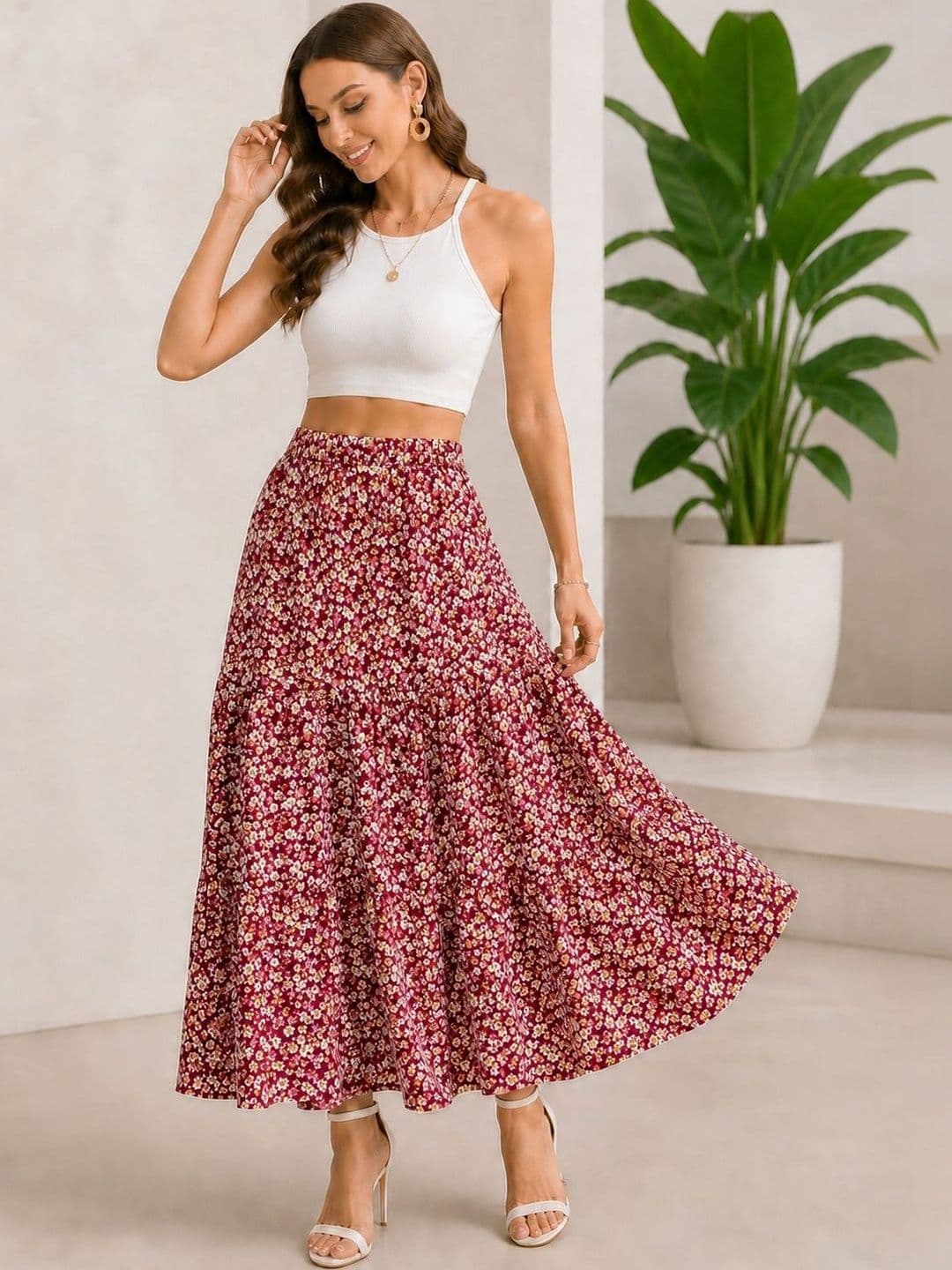 AmorLuxe Women Crepe Floral Midi A-Line Skirt - view 1
