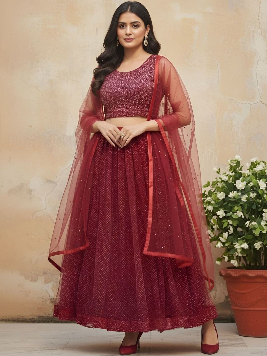 House of Pataudi Embellished Net Round Neck Flared Lehenga Choli - view 1