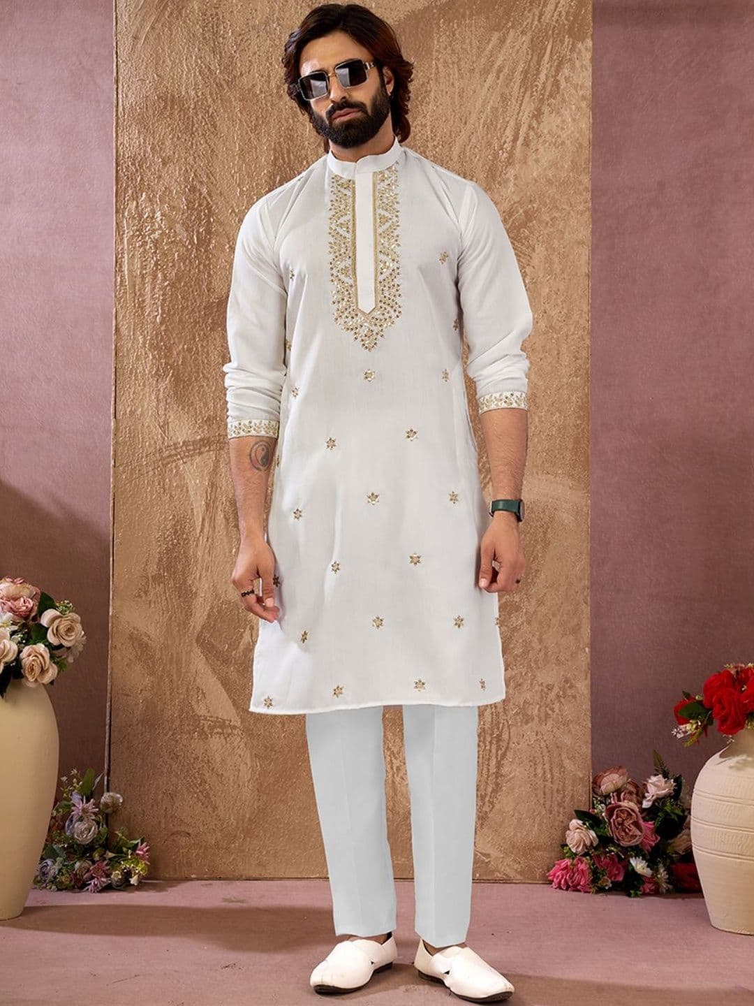 House of Pataudi Embroidered Cotton Mandarin Collar Knee Length Straight Kurta thumbnail 5