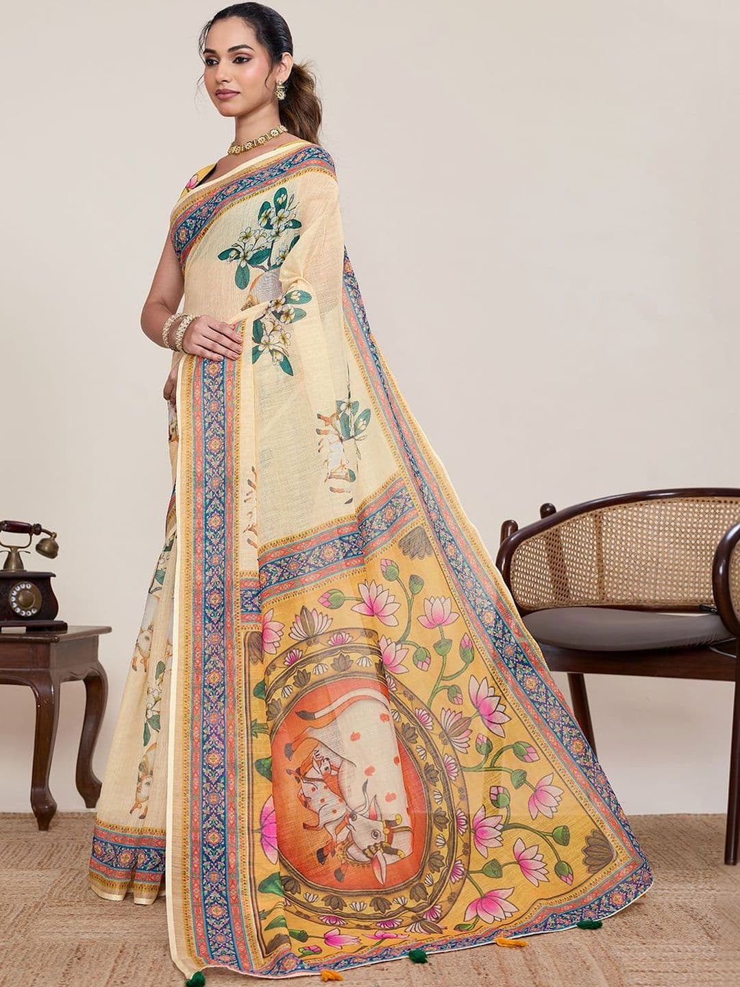 VEDANT VASTRAM Ethnic Motifs Linen Blend Handloom Saree thumbnail 5
