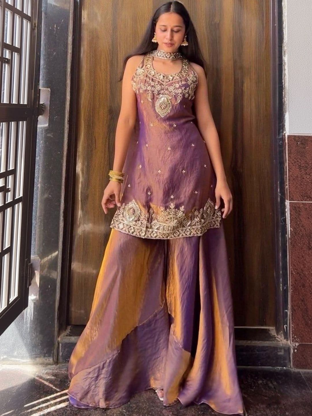 Bouncer Berry Ethnic Motifs Embroidered Thread Work Pure Silk Kurta with Sharara & Dupatta thumbnail 4