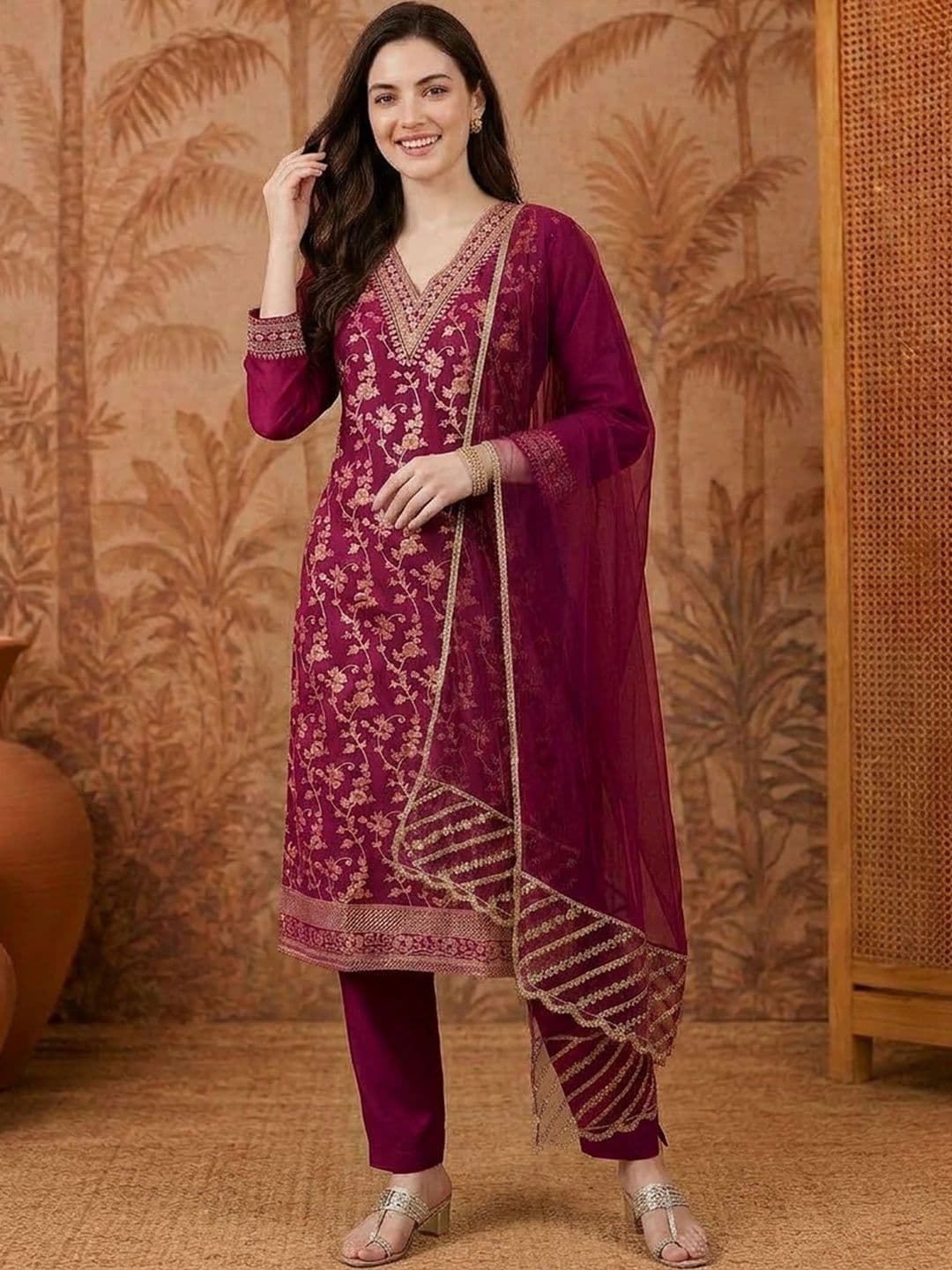 SAINOOR Women Ethnic Motifs Embroidered Regular Kurta with Trousers & With Dupatta - view 1