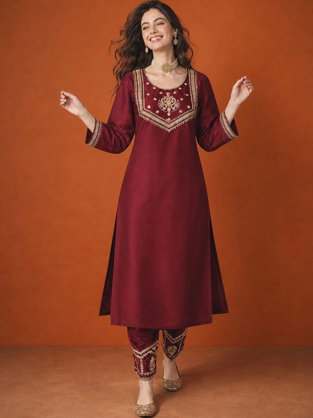 SAINOOR Women Ethnic Motifs Embroidered Regular Thread Work Kurta with Trousers & With Dupatta thumbnail 2
