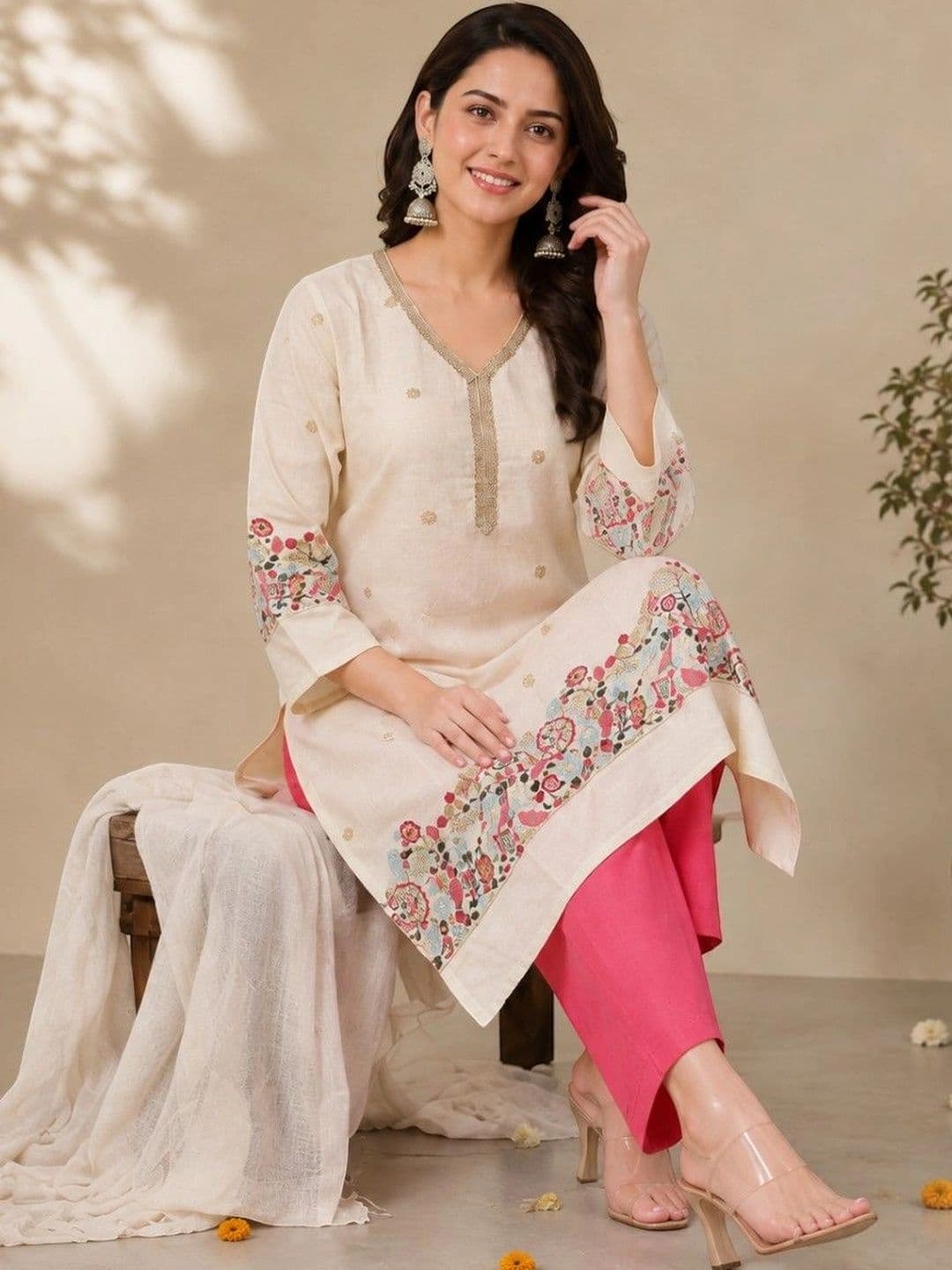 EELIKA Women Ethnic Motifs Embroidered Regular Thread Work Pure Cotton Kurta with Trousers & With Dupatta - view 1