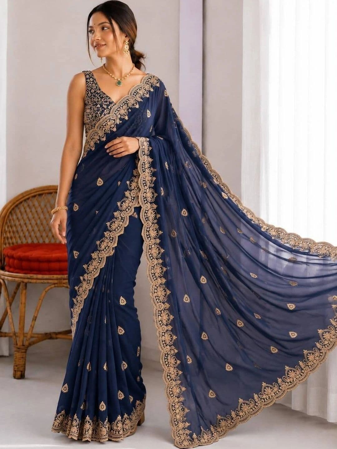 Vastra Drape Embellished Embroidered Poly Georgette Saree - view 1