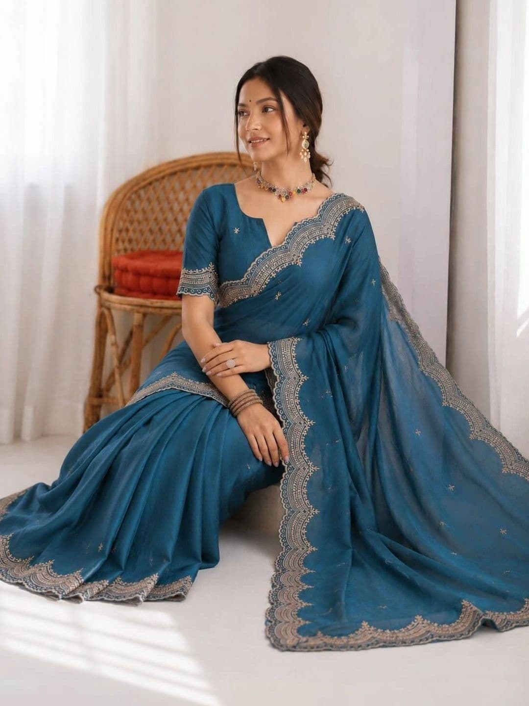 Vastra Drape Ethnic Motifs Embroidered Poly Georgette Saree thumbnail 2