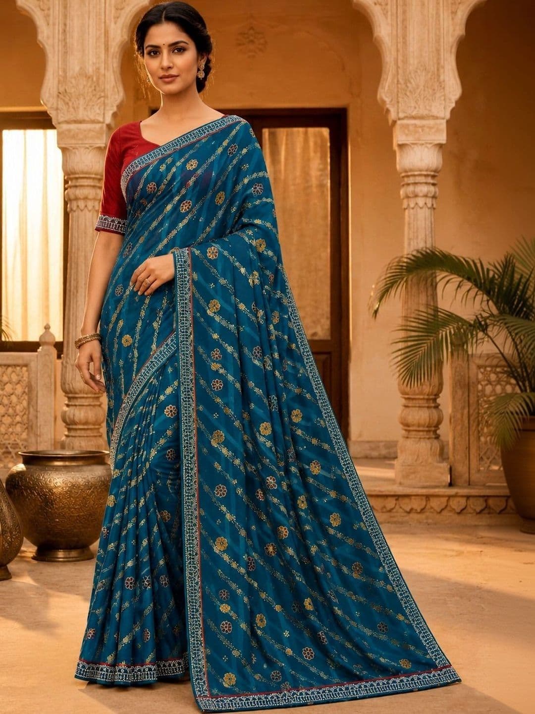PRANU TRENDS Floral Poly Georgette Saree - view 1
