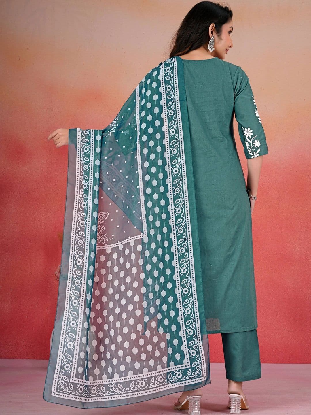 KALINI Women Ethnic Motifs Embroidered Regular Thread Work Pure Cotton Kurta with Trousers & With Dupatta thumbnail 2