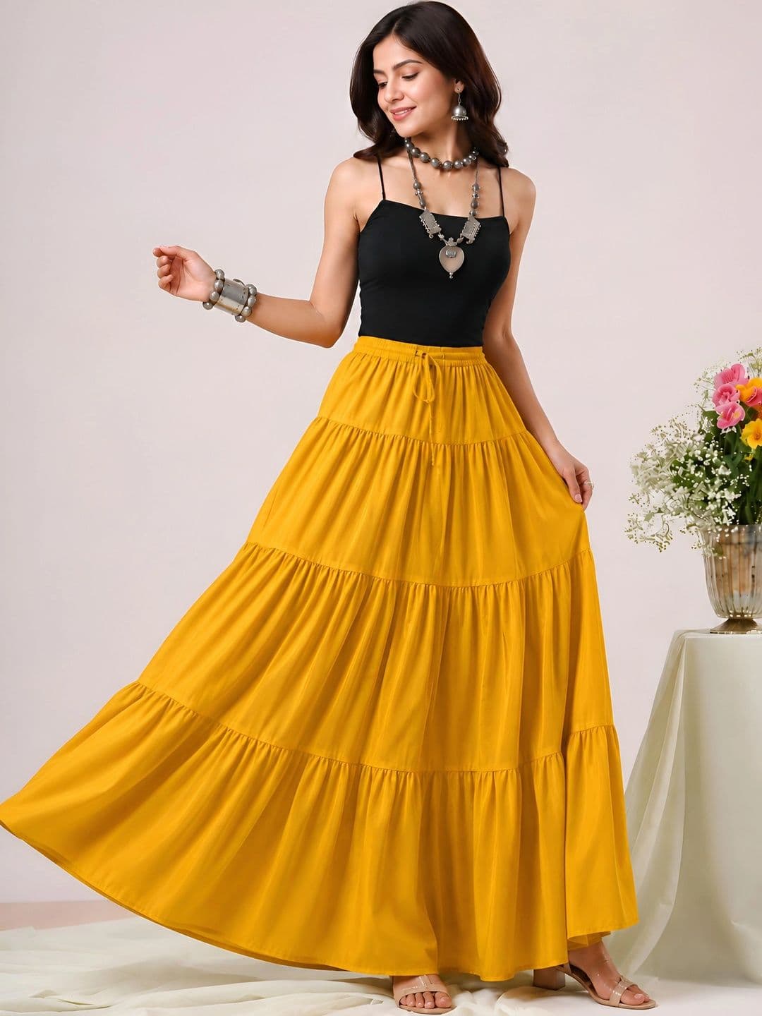 HARAYE Women Tiered Maxi Flared Skirt thumbnail 4