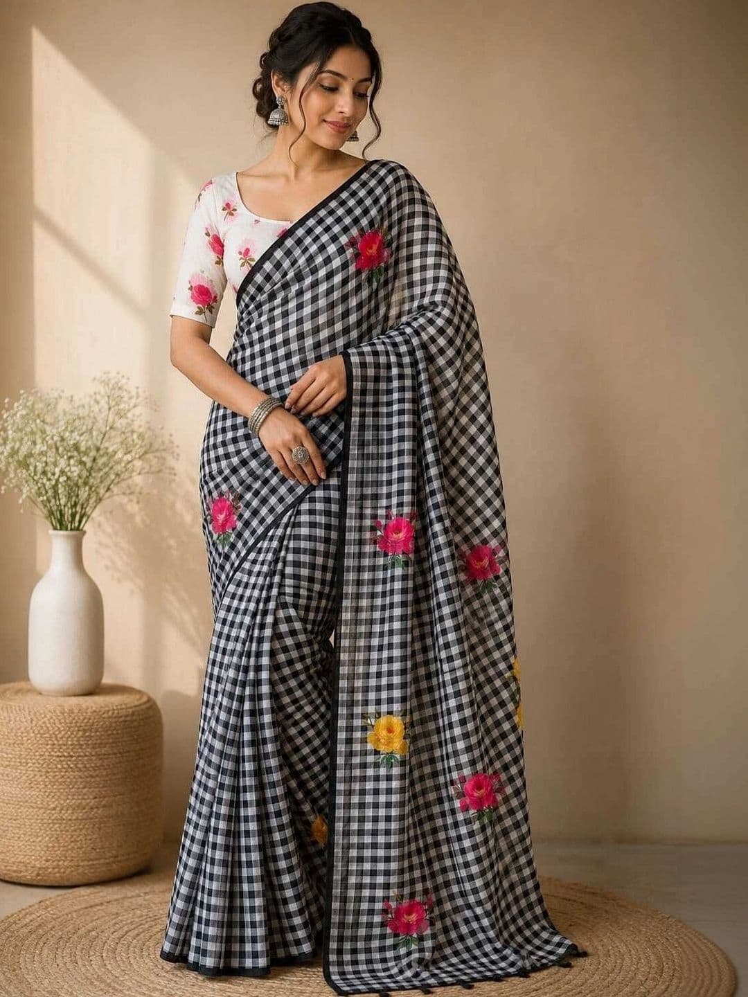Fashion Mantra Floral Linen Blend Saree - view 1