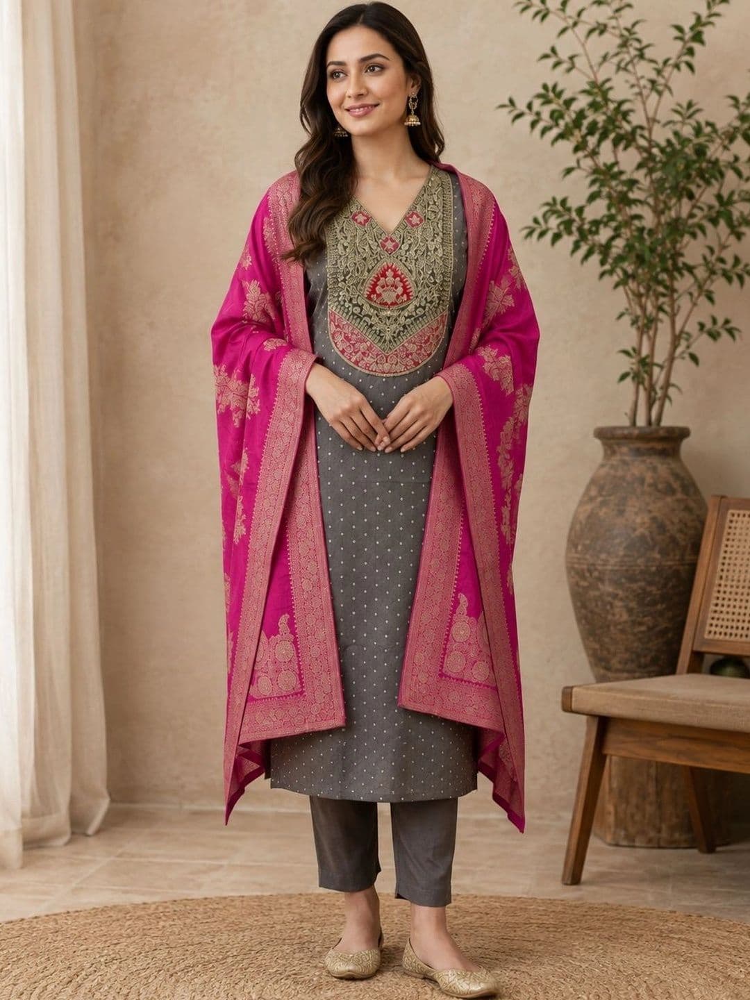 Sangria Floral Woven Design Zari V-Neck Silk Blend Straight Kurta & Trousers With Dupatta thumbnail 5