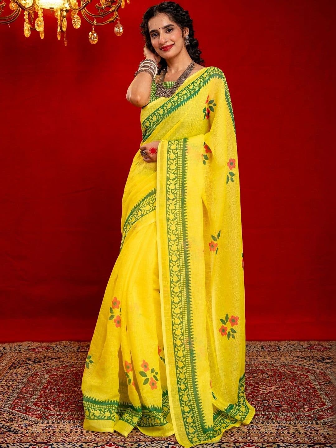 Satrani Floral Printed Pure Linen Saree with Green Border and Blouse Piece - view 1