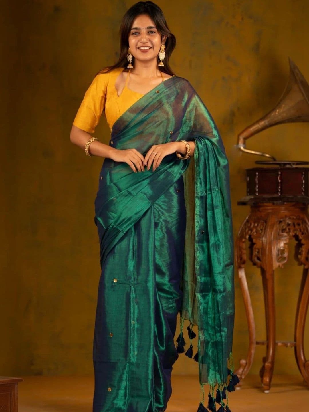 all about you Ethnic Motifs Sequinned Tissue Chanderi Saree - view 1
