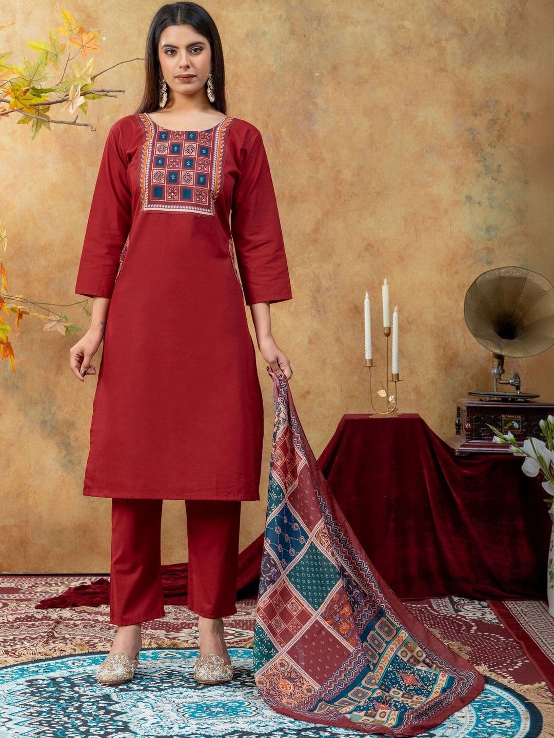SAINOOR Women Ethnic Motifs Embroidered Regular Thread Work Pure Cotton Kurta with Trousers & With Dupatta thumbnail 5