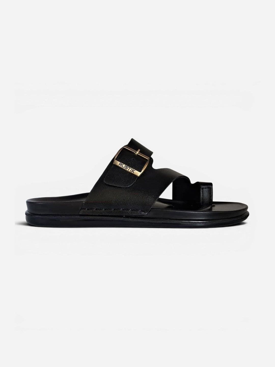 RUSTIK Men Black Textured Synthetic Leather Toe-Ring Comfort Sandals With Buckle Strap thumbnail 7