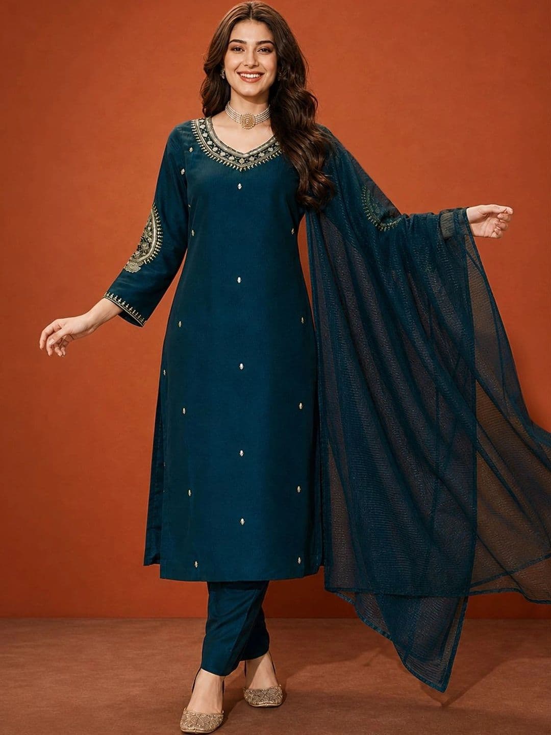 SAINOOR Women Ethnic Motifs Embroidered Regular Patchwork Kurta with Trousers & With Dupatta thumbnail 5