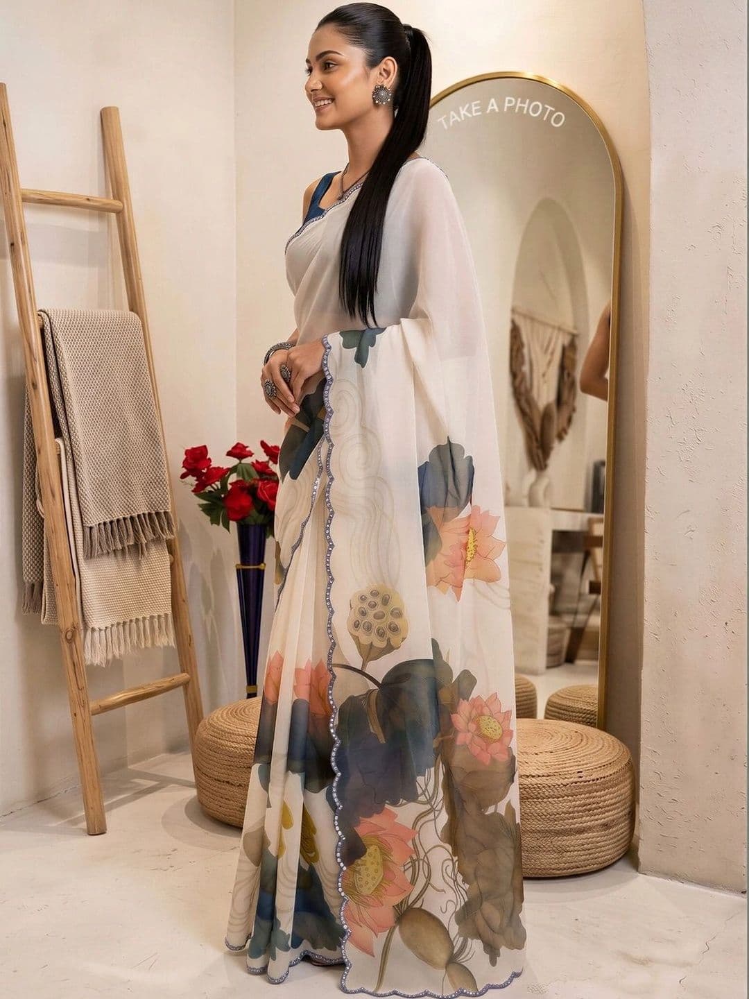 Anouk Floral Mirror Work Poly Chiffon Designer Saree thumbnail 5