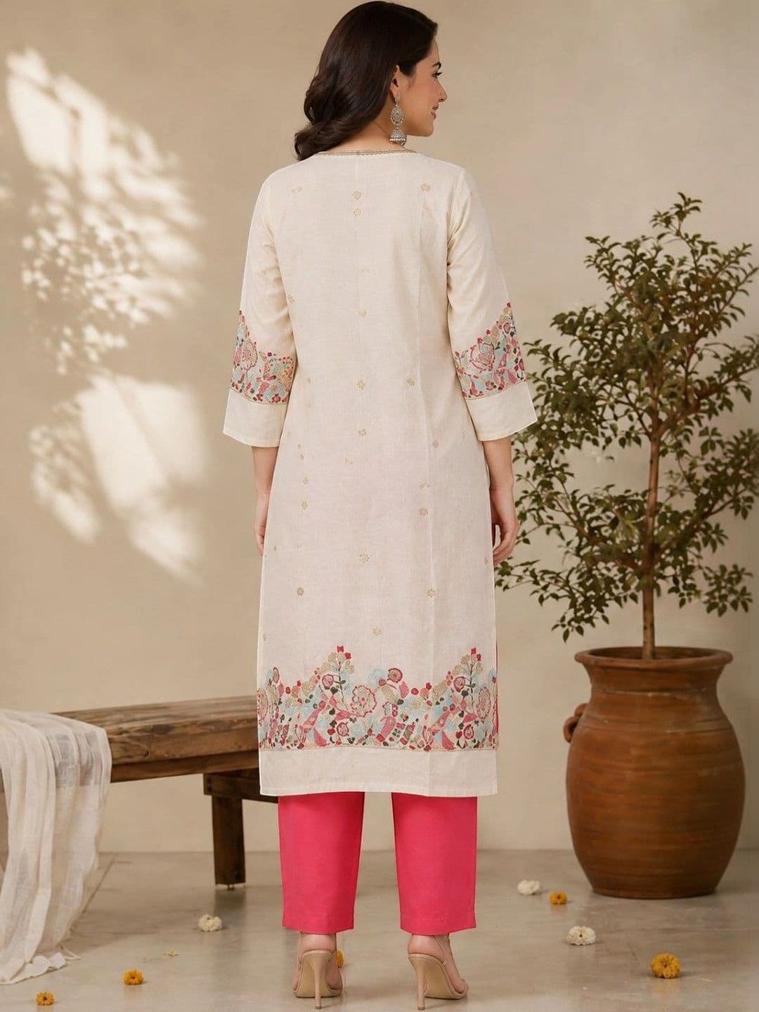 EELIKA Women Ethnic Motifs Embroidered Regular Thread Work Pure Cotton Kurta with Trousers & With Dupatta thumbnail 7
