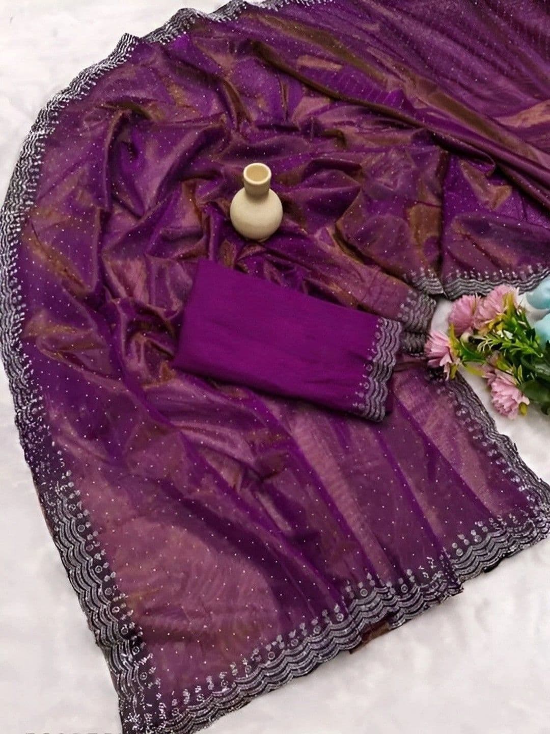 RENBRIZA Embroidered Net Saree thumbnail 4
