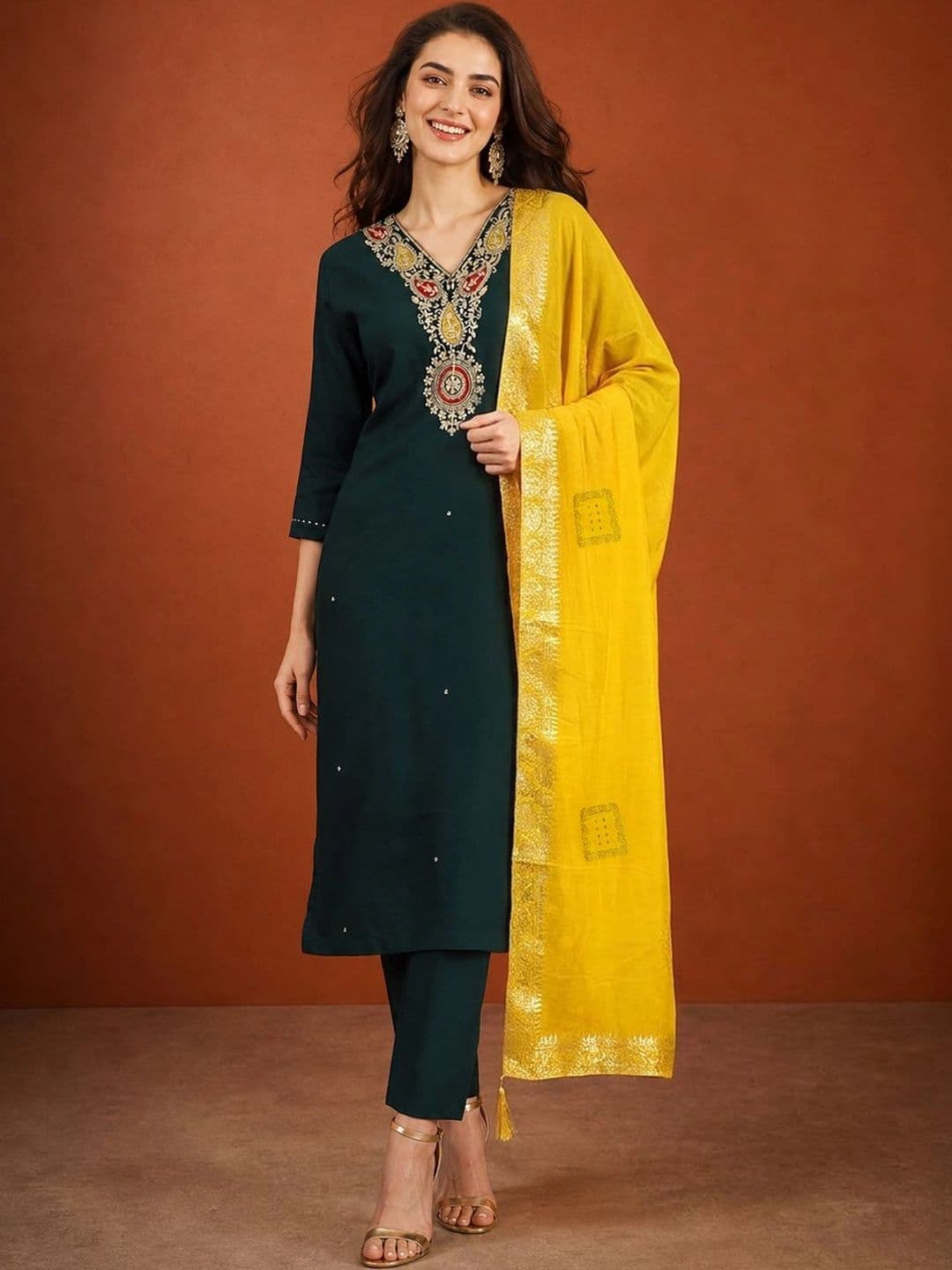 SAINOOR Women Ethnic Motifs Embroidered Regular Thread Work Kurta with Trousers & With Dupatta thumbnail 7