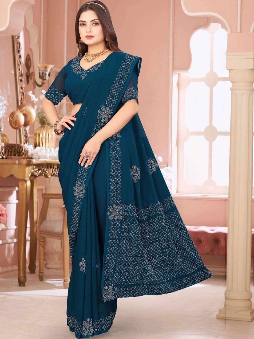 PRANU TRENDS Embellished Poly Chiffon Saree thumbnail 2