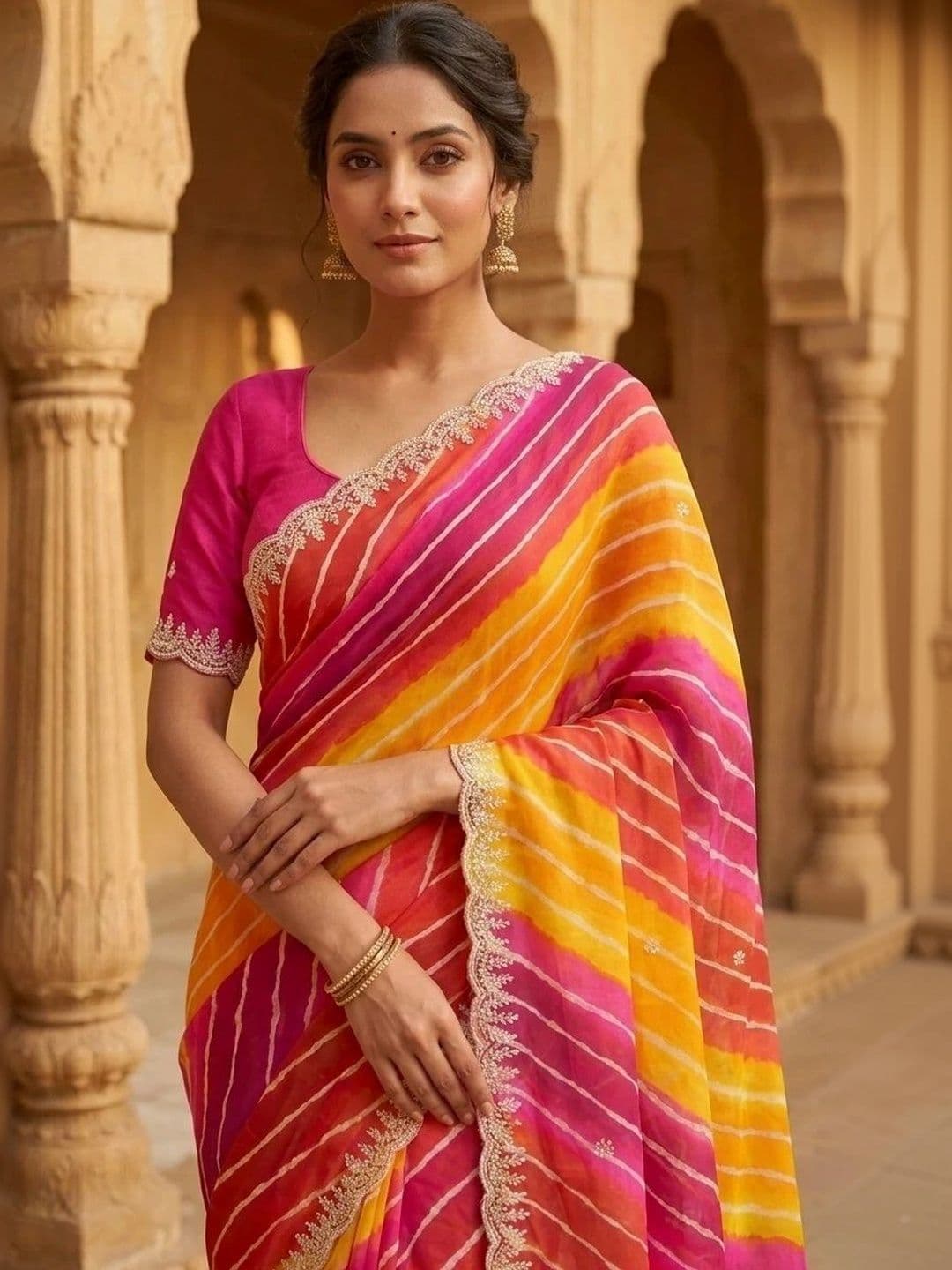 Fashion Mantra Leheriya Poly Georgette Saree thumbnail 2