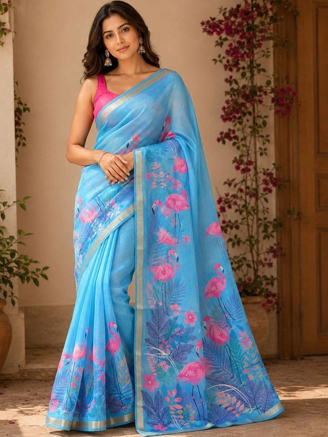 Textile Mantra Floral Linen Blend Saree - view 1