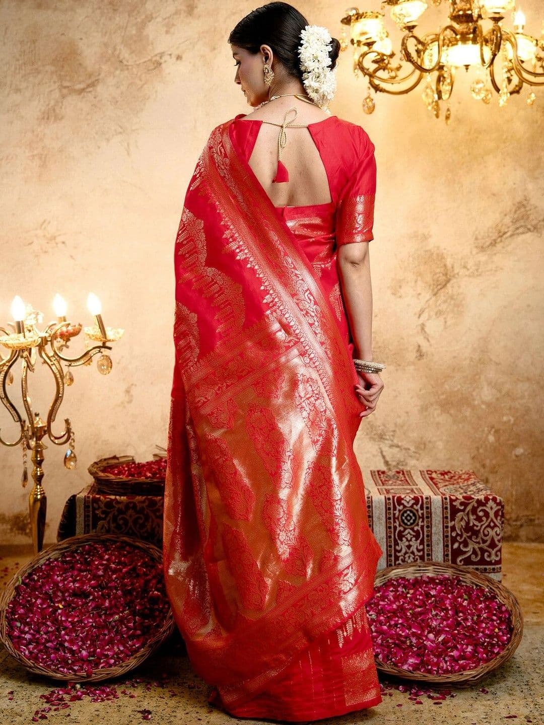 Satrani Women Woven Silk Banarasi Zari Border Saree With Blouse Piece thumbnail 3