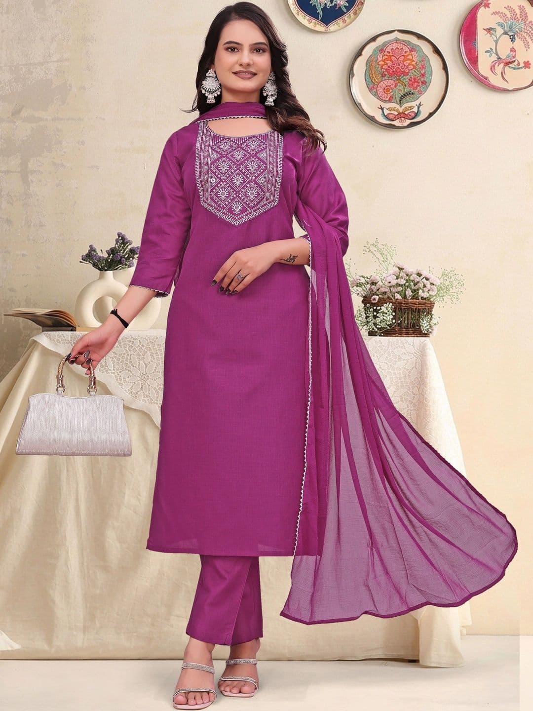 JOGAN Women Embroidered Regular Thread Work Kurta with Trousers & With Dupatta thumbnail 4