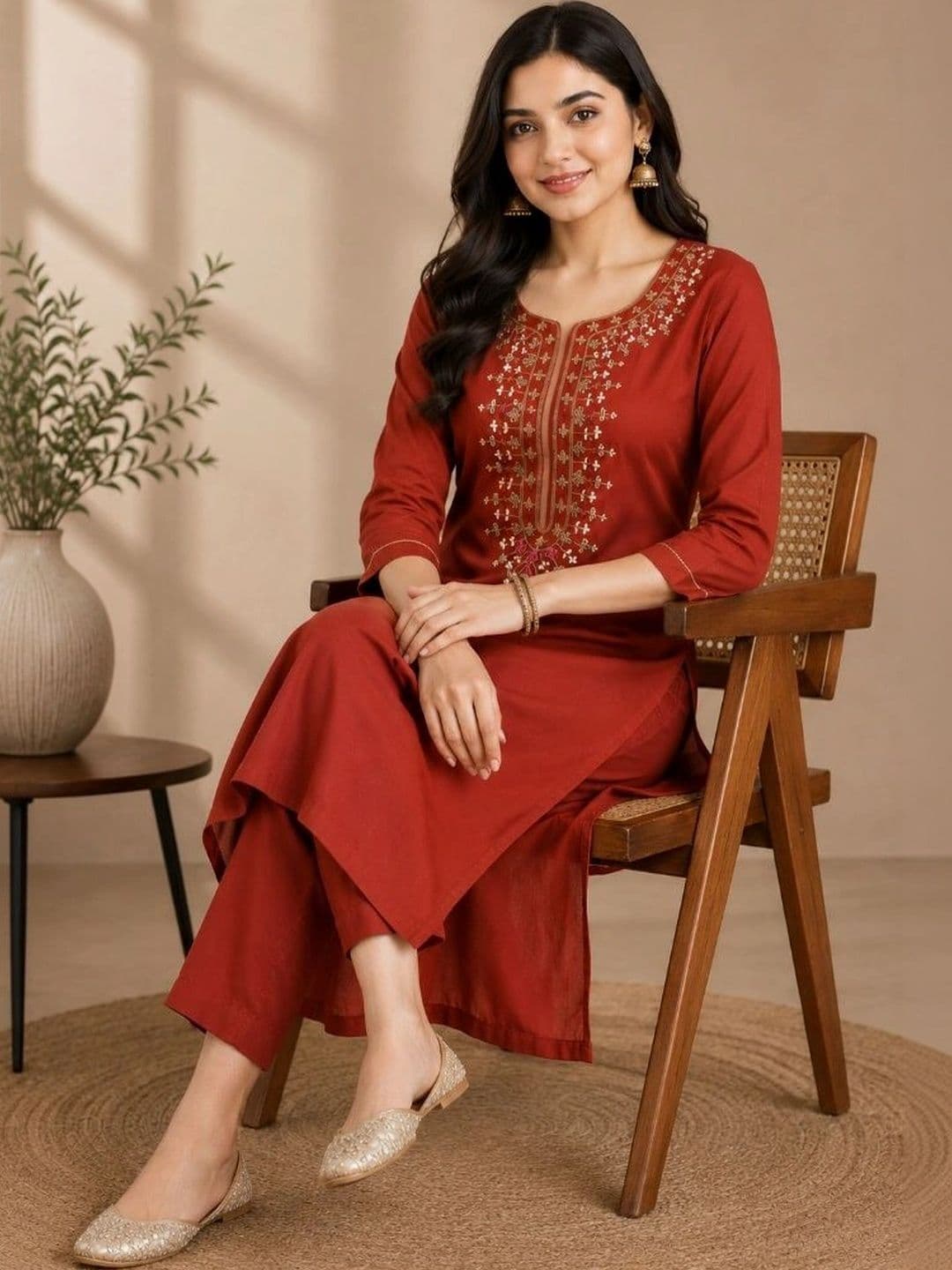SAVYO Women Ethnic Motifs Embroidered Regular Thread Work Kurta with Trousers thumbnail 6