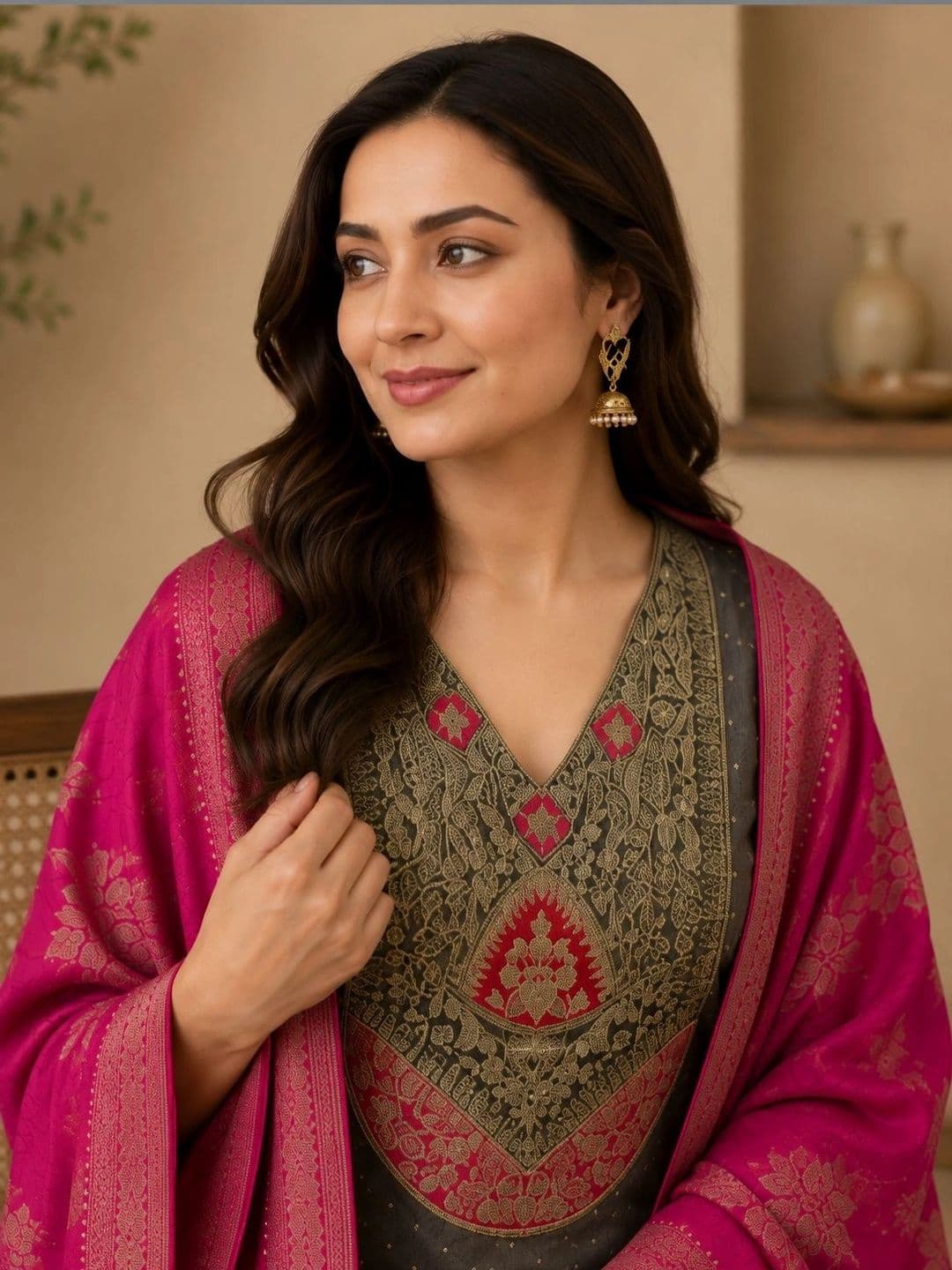 Sangria Floral Woven Design Zari V-Neck Silk Blend Straight Kurta & Trousers With Dupatta thumbnail 6
