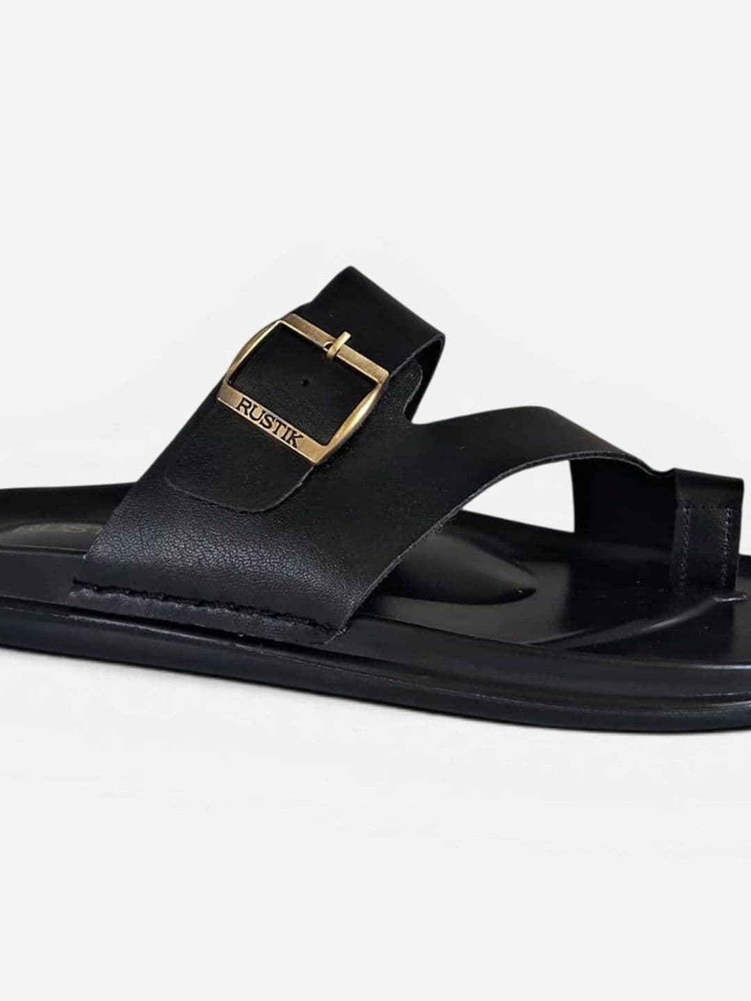 RUSTIK Men Black Textured Synthetic Leather Toe-Ring Comfort Sandals With Buckle Strap thumbnail 3