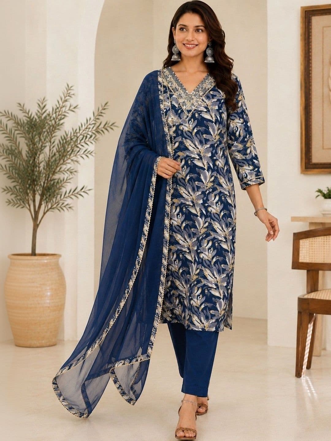 CHARVISCHOICE Women Ethnic Motifs Printed Regular Thread Work Kurta with Trousers & With Dupatta thumbnail 2