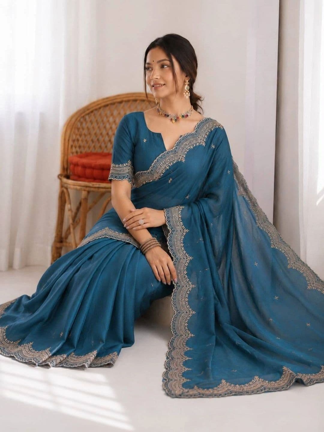 Saanvi Ethnic Motifs Embroidered Poly Georgette Saree thumbnail 2