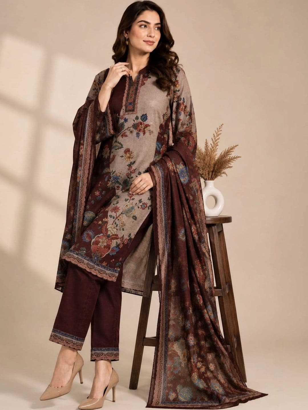 Wool's Kart Women Floral Printed Regular Kurta with Trousers & With Dupatta thumbnail 2
