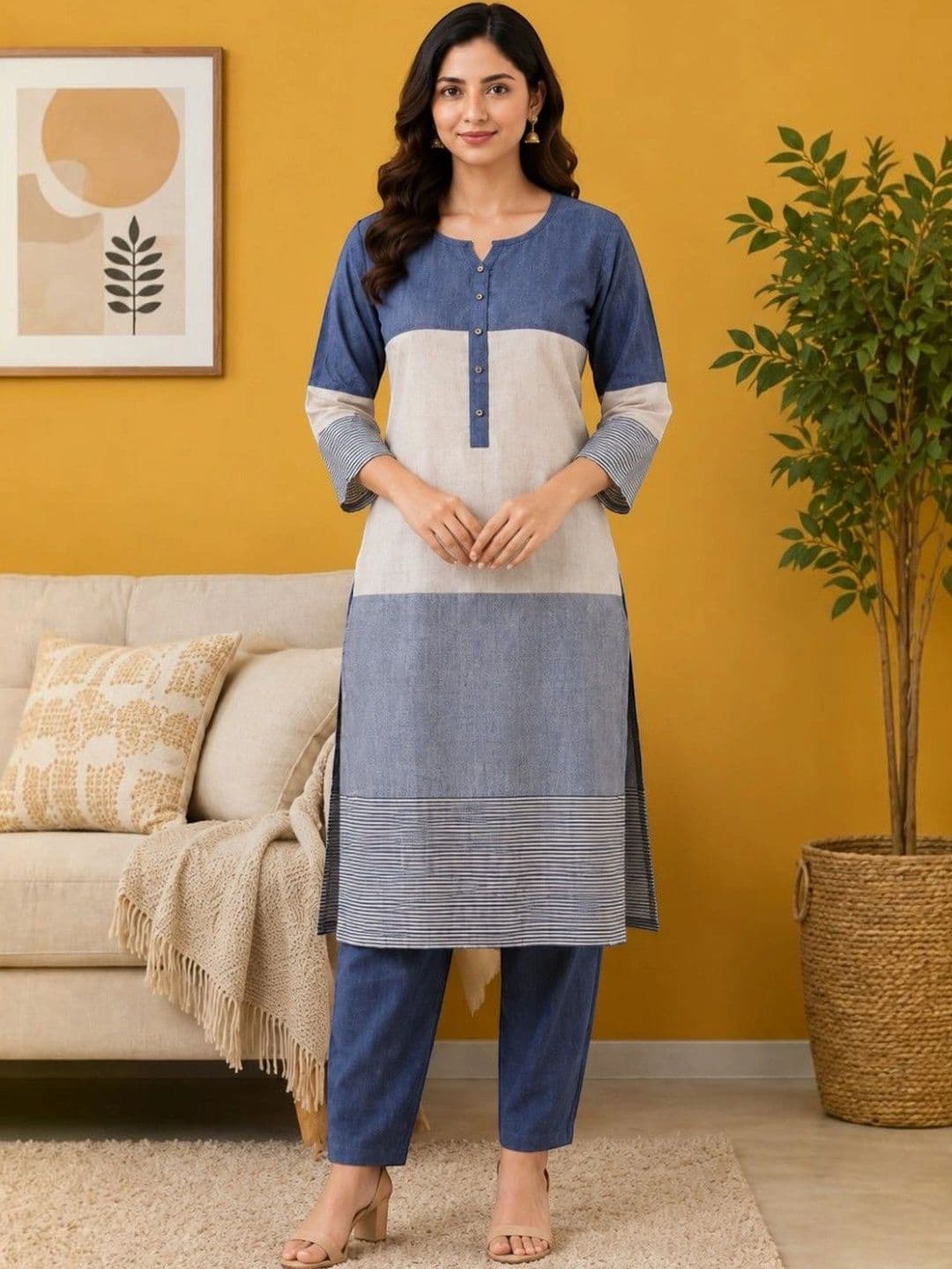 EELIKA Women Striped Regular Pure Cotton Kurta with Trousers - view 1