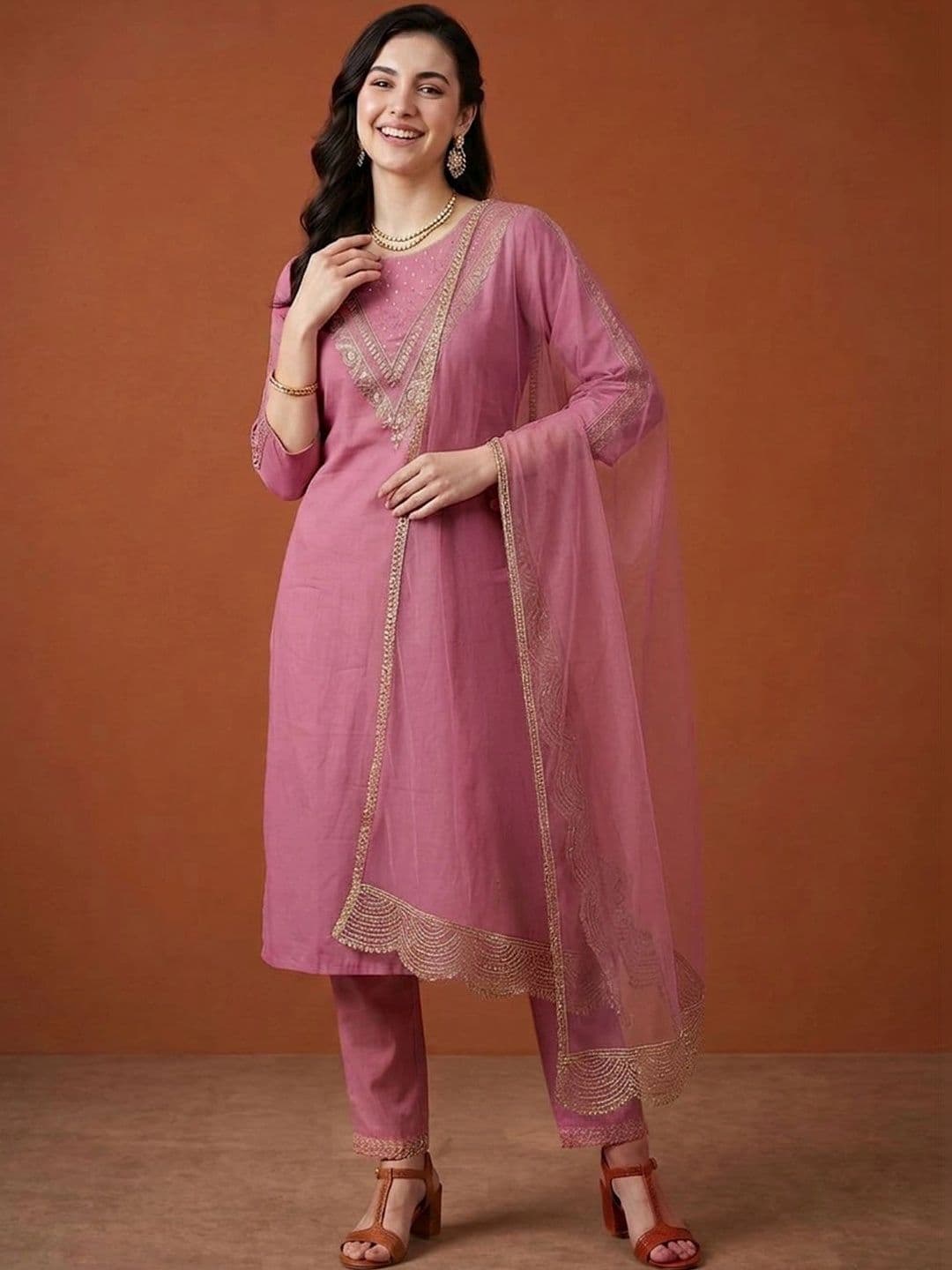 SAINOOR Women Ethnic Motifs Embroidered Regular Kurta with Trousers & With Dupatta thumbnail 5