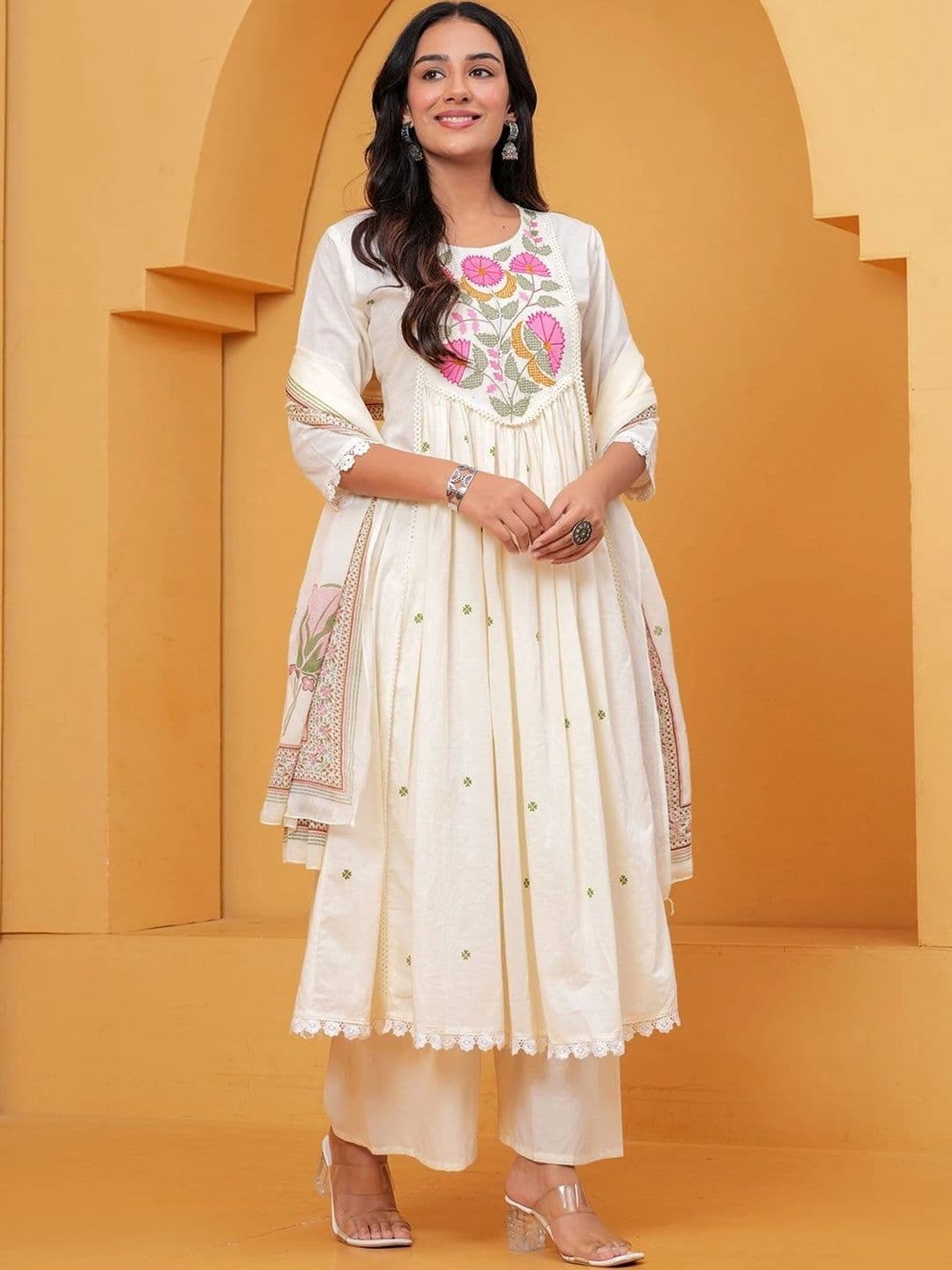 Anouk Women Floral Embroidered Empire Thread Work Pure Cotton Kurta with Palazzos & With Dupatta thumbnail 2
