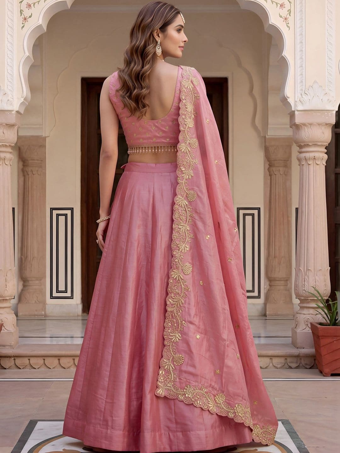 ETHNIC PLUS Embroidered Thread Work Semi-Stitched Lehenga & Unstitched Blouse With Dupatta thumbnail 4