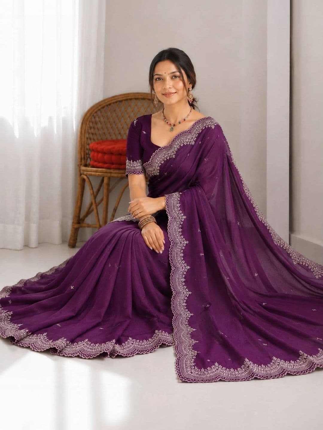 Vastra Drape Ethnic Motifs Embroidered Poly Georgette Saree thumbnail 3