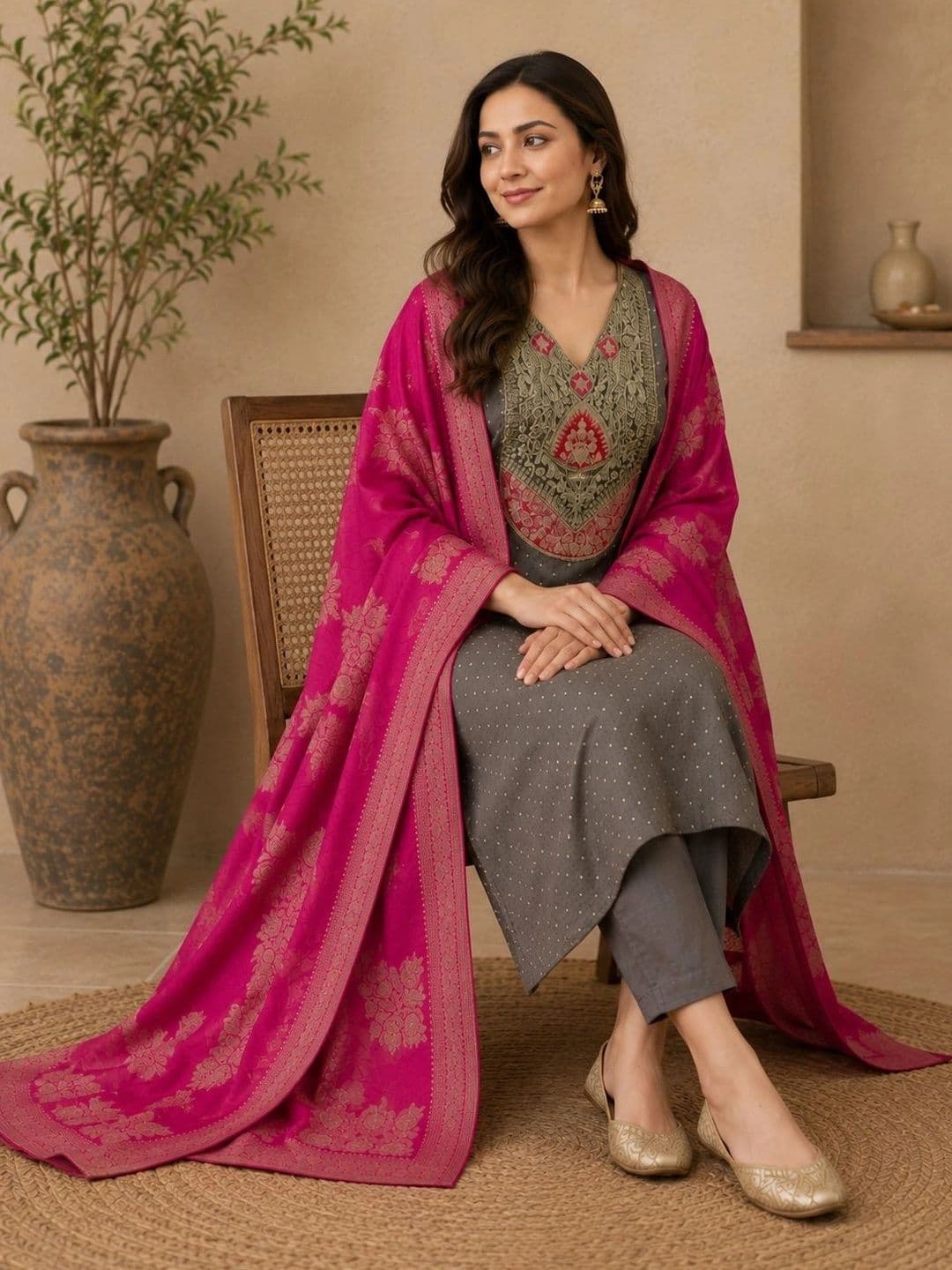 Sangria Floral Woven Design Zari V-Neck Silk Blend Straight Kurta & Trousers With Dupatta thumbnail 4