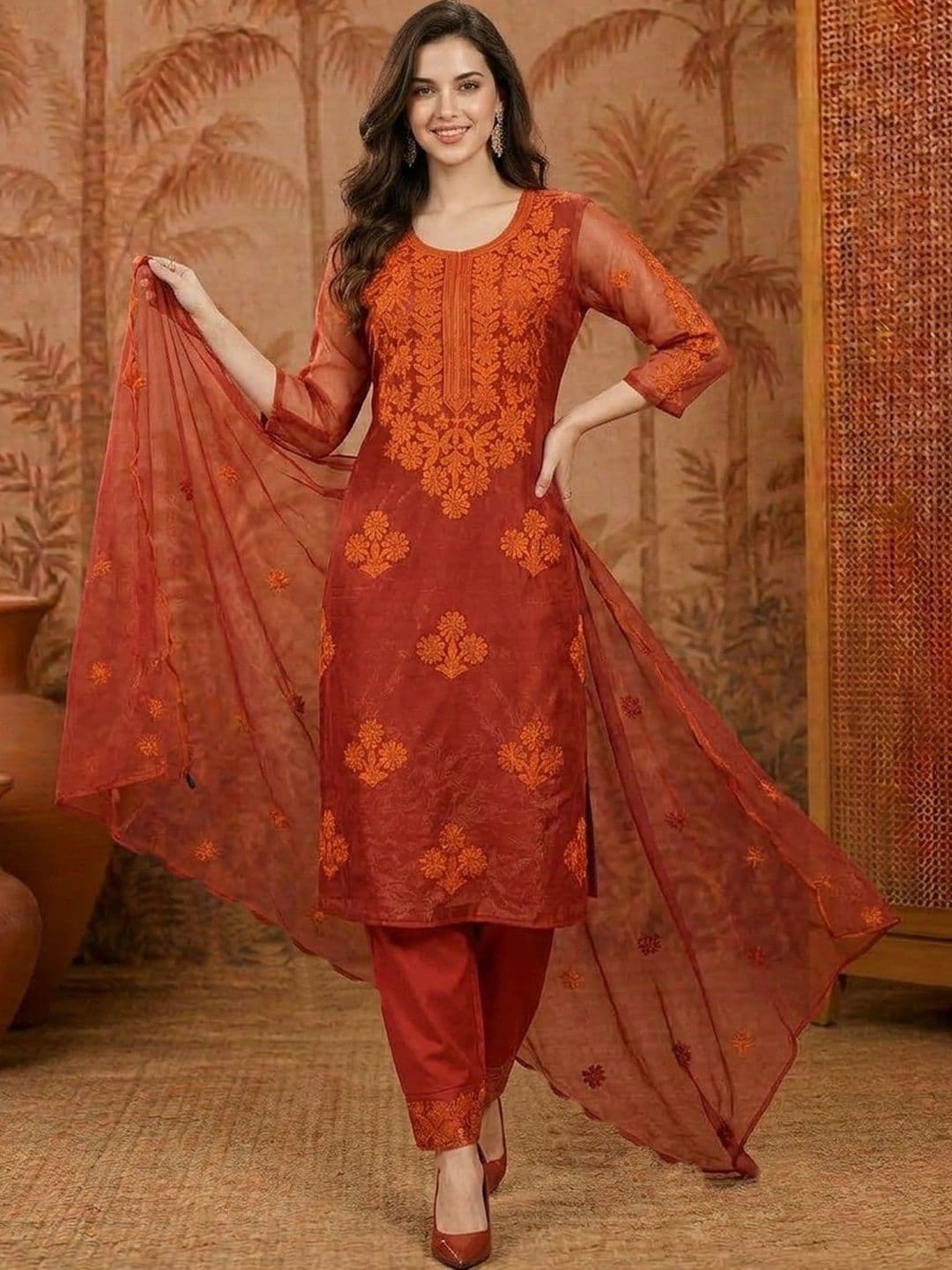 SAINOOR Women Ethnic Motifs Embroidered Regular Thread Work Kurta with Trousers & With Dupatta - view 1