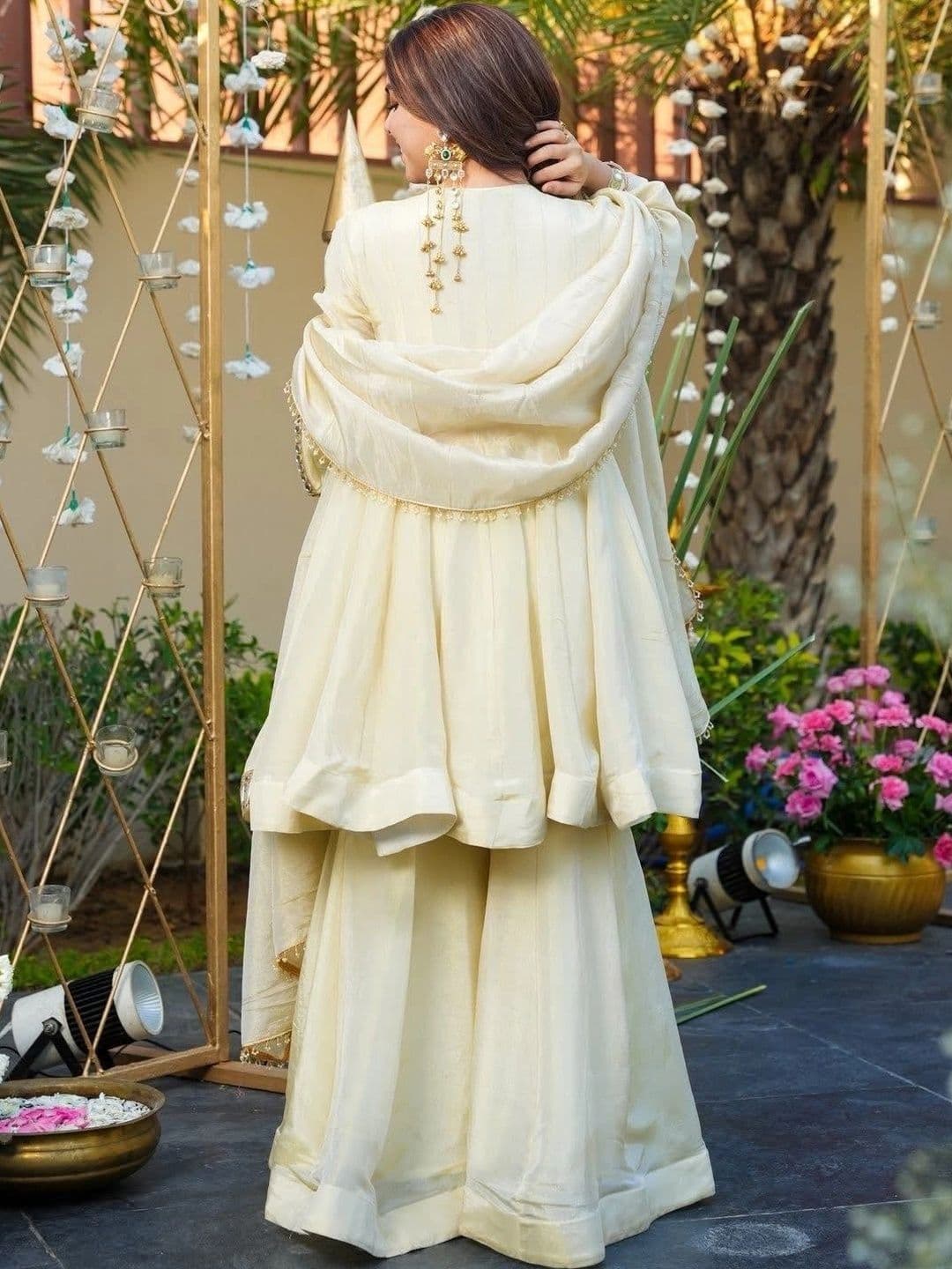 Mitera Women Angrakha Mirror Work Silk Chiffon Kurta with Sharara & With Dupatta thumbnail 7