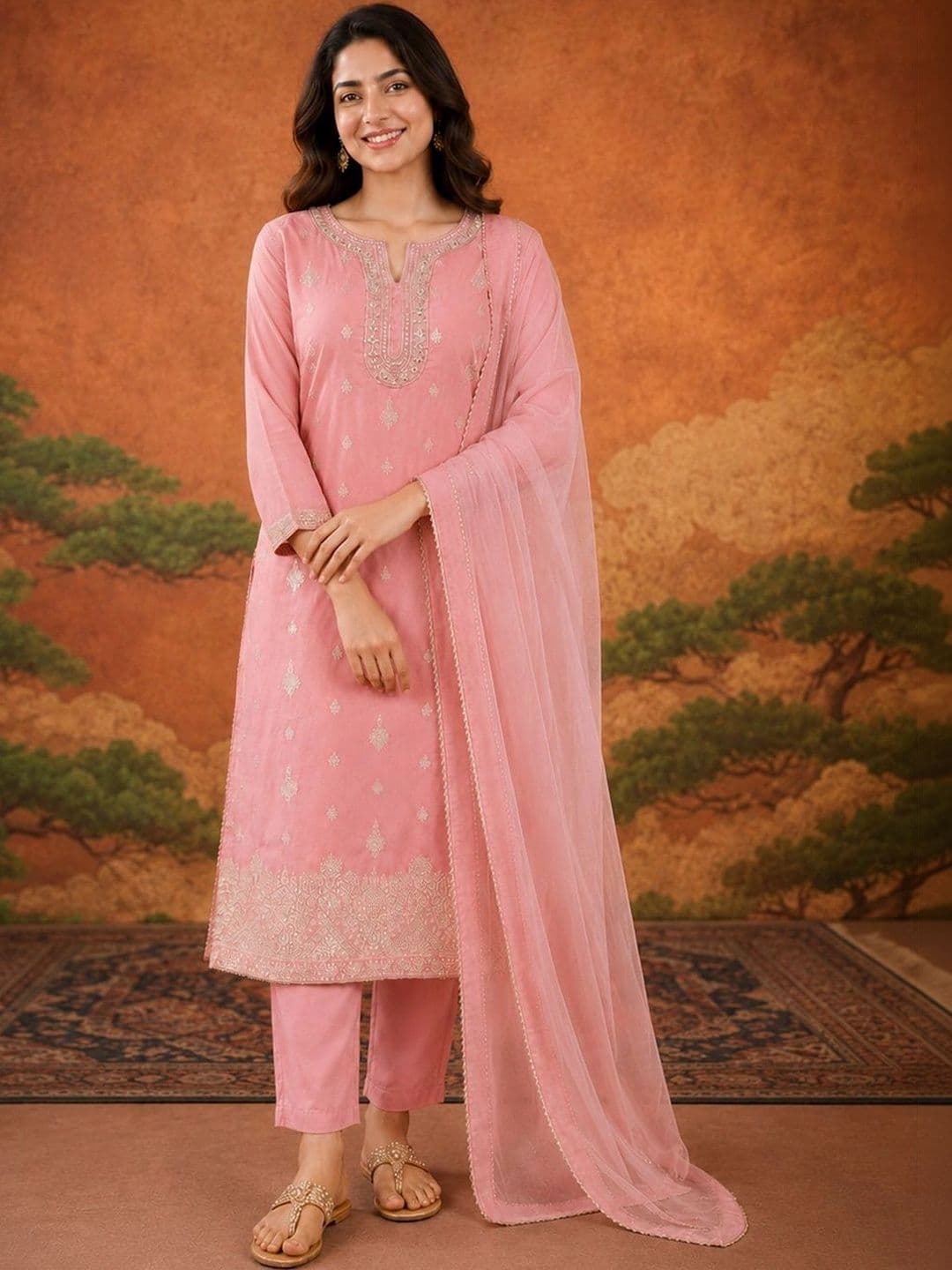 SAINOOR Women Ethnic Motifs Embroidered Regular Thread Work Kurta with Trousers & With Dupatta - view 1