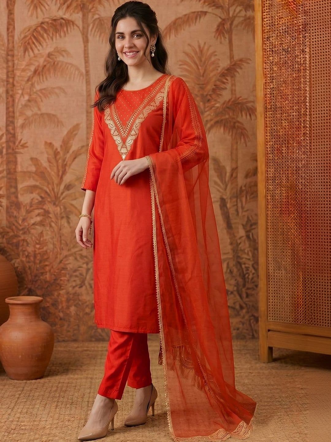 SAINOOR Women Ethnic Motifs Embroidered Regular Thread Work Kurta with Trousers & With Dupatta - view 1