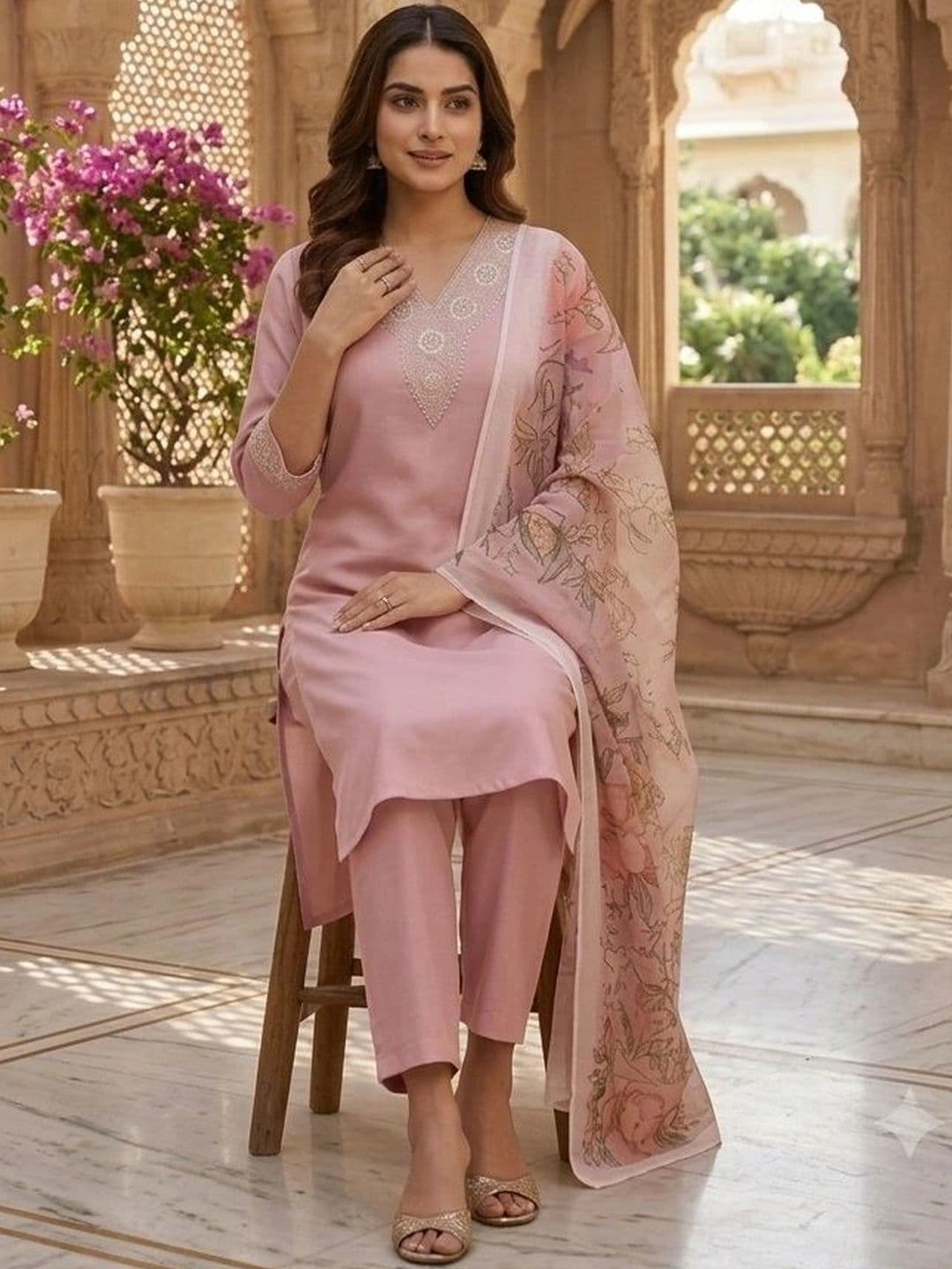 KALINI Women Ethnic Motifs Embroidered Regular Thread Work Kurta with Trousers & With Dupatta thumbnail 4