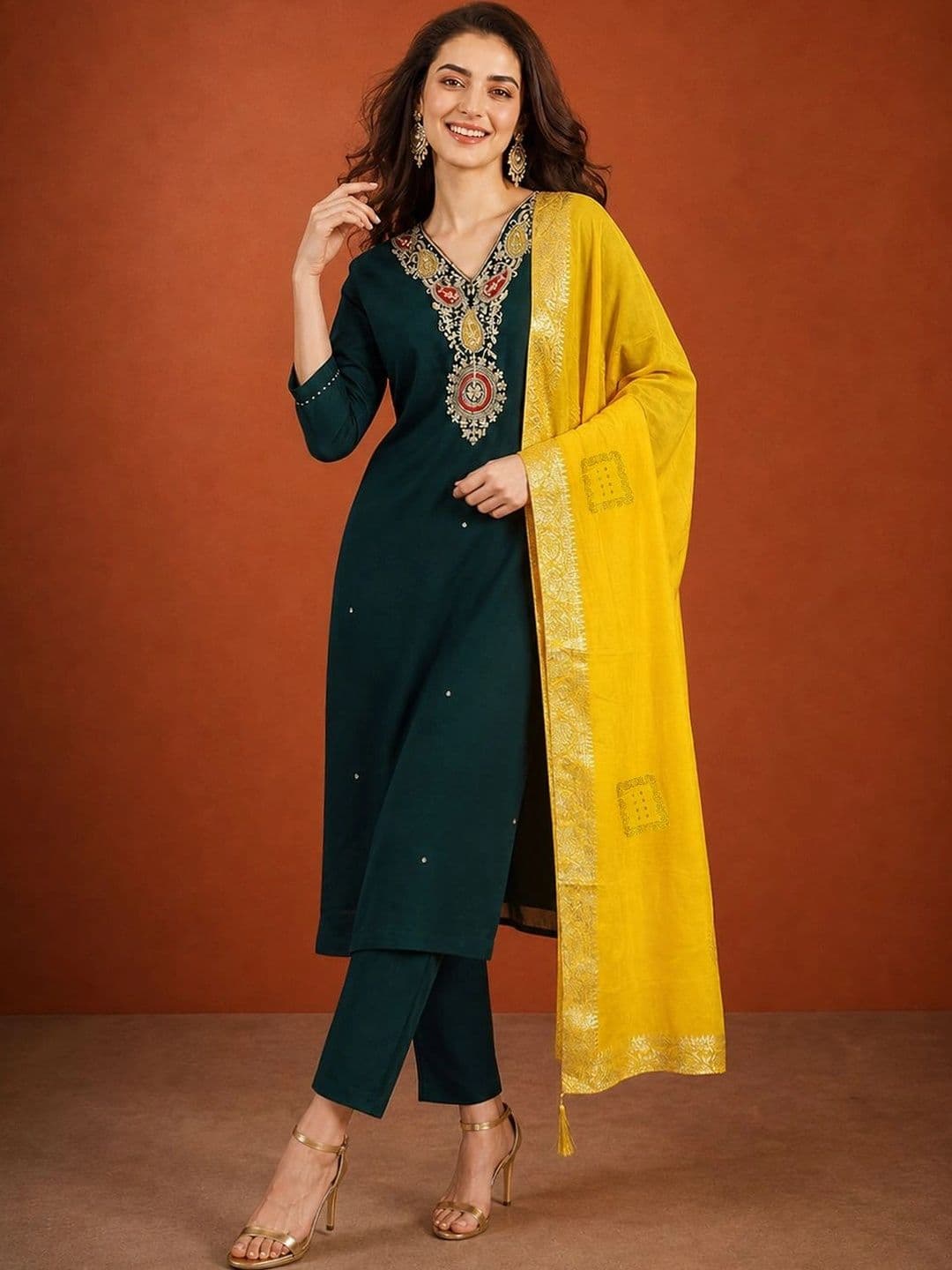 SAINOOR Women Ethnic Motifs Embroidered Regular Thread Work Kurta with Trousers & With Dupatta thumbnail 5